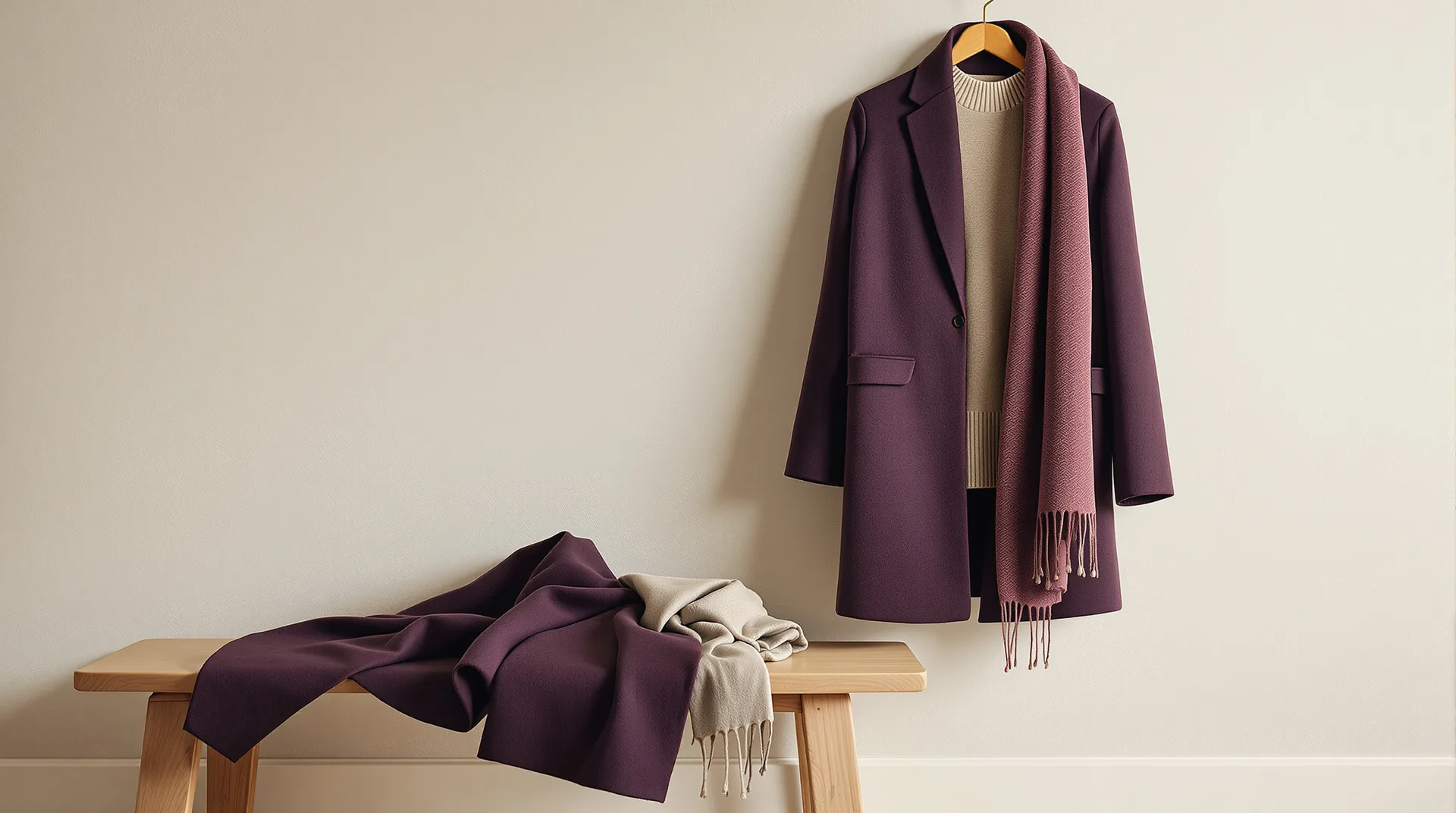 Pull en laine, manteau droit et écharpe tissée posés à plat, dans les teintes de la collection Lisomere